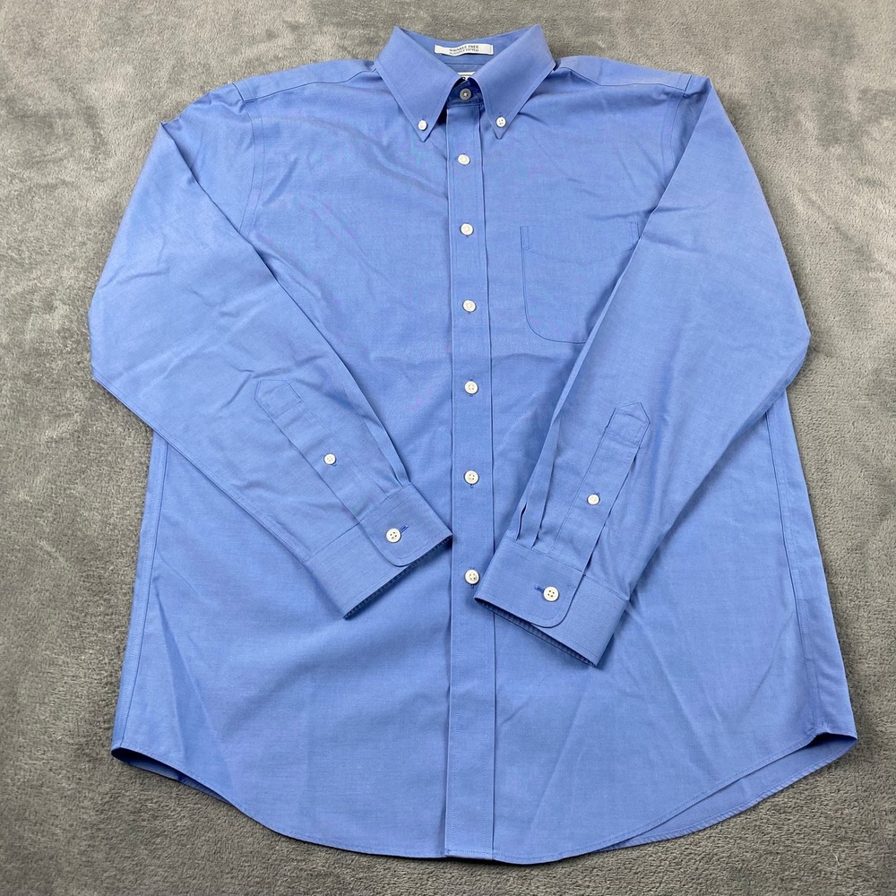 L.L.Bean Mens 15.5-33 Button Down Shirt Blue Wrinkle Free Slightly Fitted